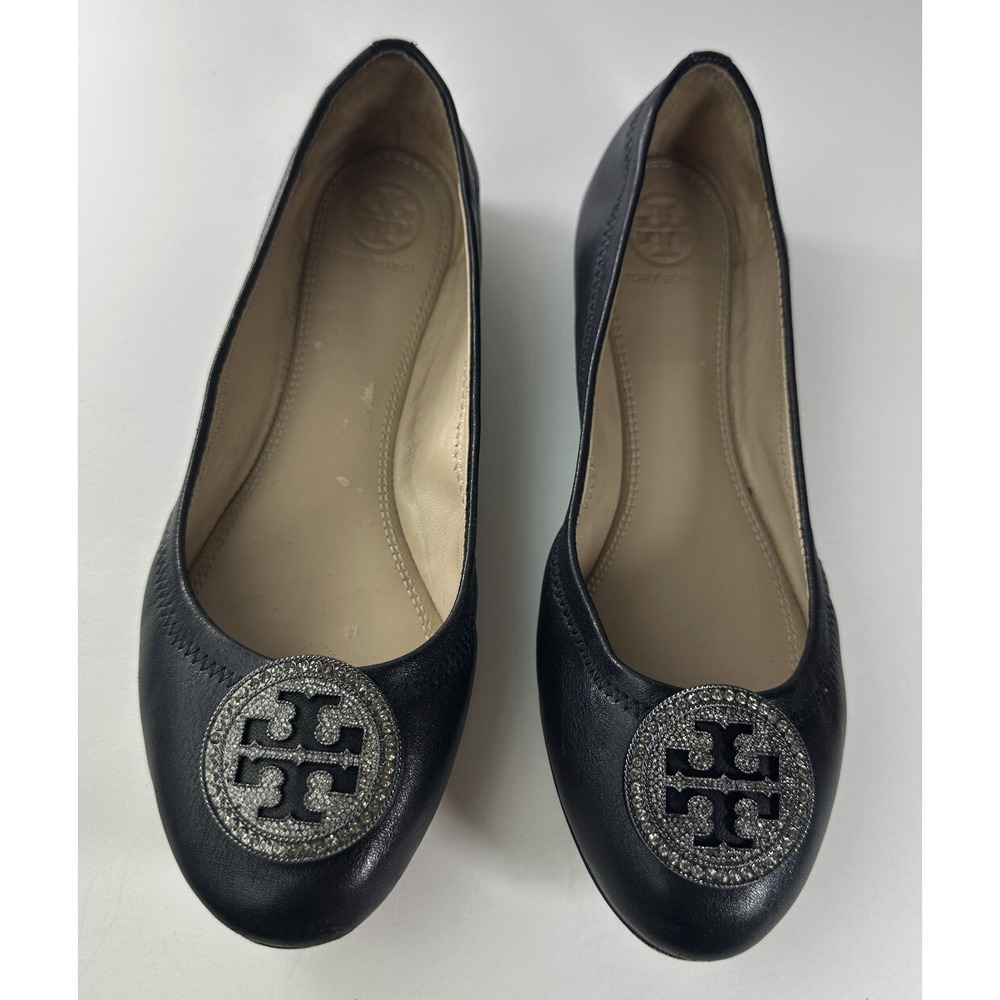 Tory Burch Liana Rhinestone Jewel Embellished Ballet Flats Black Leather Sz 6.5 - Picture 3 of 16
